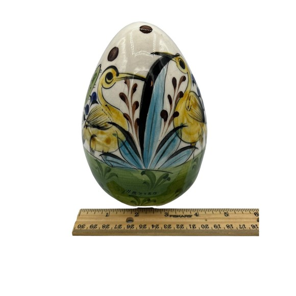 Mexican Pottery Handpainted & Glazed Egg Tonala Style Yellow Birds Cactus 6” Egg - Picture 9 of 9